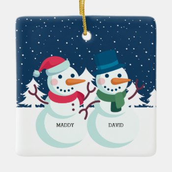 Snowman Couple Cute Personalized Christmas Ceramic Ornament by PrintablePretty at Zazzle