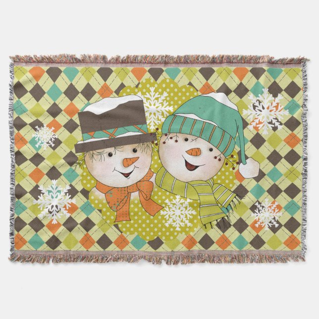 Snowman Couple Dots and Argyle Holiday Throw Throw Blanket (Front)