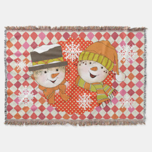 Snowman Couple Dots and Argyle Holiday Throw Throw Blanket