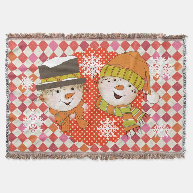 Snowman Couple Dots and Argyle Holiday Throw Throw Blanket (Front)