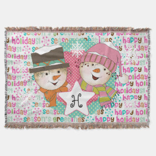 Snowman Couple Dots and Typography Holiday Throw Throw Blanket