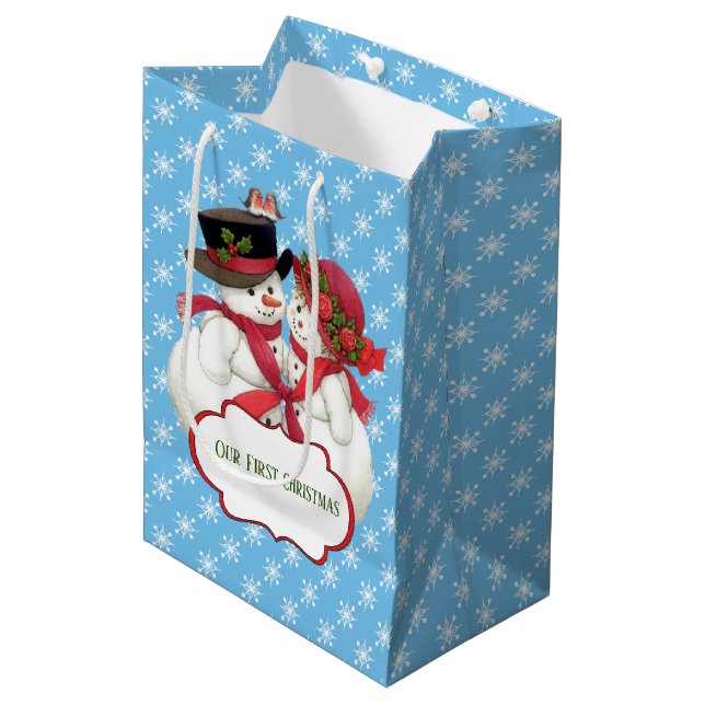 Snowman Couple, First Christmas Medium Gift Bag (Front Angled)