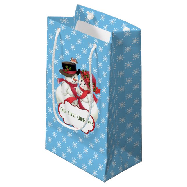 Snowman Couple, First Christmas Small Gift Bag (Front Angled)