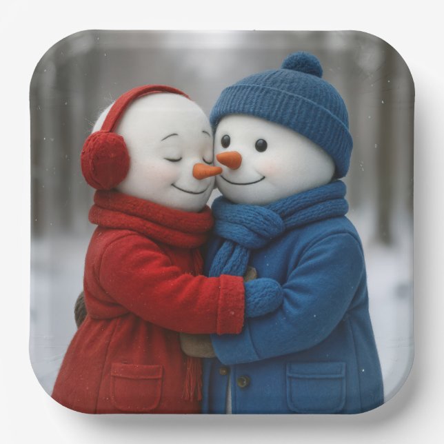 Snowman Couple Hugging in Winter Forest Paper Plates (Front)