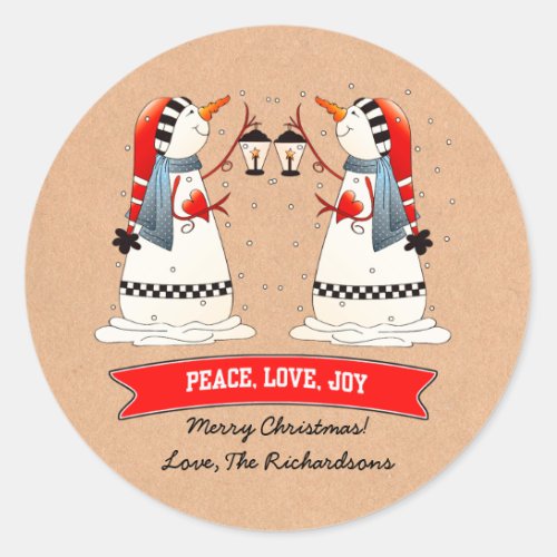 Snowman Couple Kraft Paper Custom Christmas  Classic Round Sticker