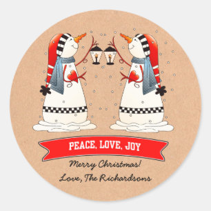 Snowman Couple Kraft Paper Custom Christmas Classic Round Sticker