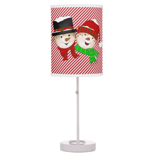 Snowman Couple on Diagonal Stripe Table Lamp