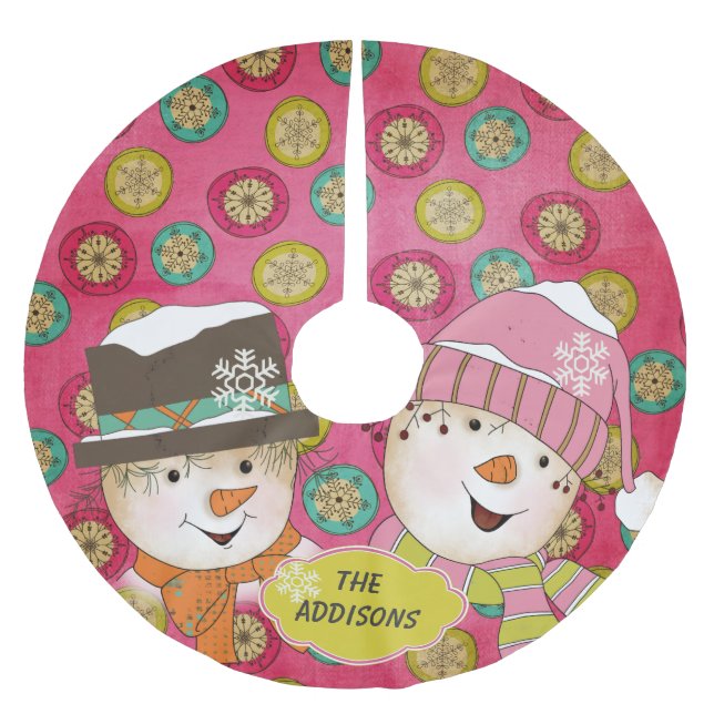 Snowman Couple Orb Snowflakes Holidays Tree Skirt (Front)