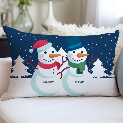 Snowman Couple Personalized Names Christmas Custom Lumbar Pillow