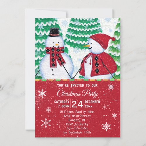 Snowman Couple Snowflakes Red Christmas Party Invitation