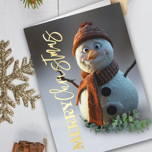 Snowman cozy handwritten script merry christmas foil greeting card