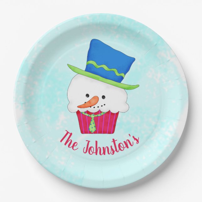 Snowman Cupcake Name Personalized Dessert Party Paper Plates (Front)