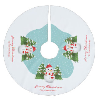 Snowman Custom Family Name Merry Christmas Brushed Polyester Tree Skirt