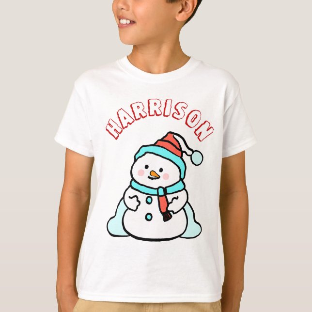 Snowman Custom Name Boys White Christmas T-Shirt (Front)