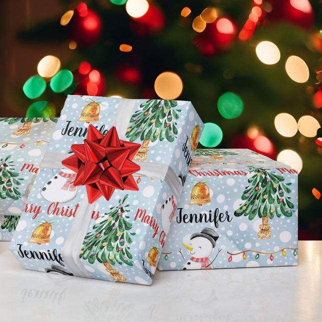Snowman Cute Christmas Pattern Personalize Name Wrapping Paper (Creator Uploaded)