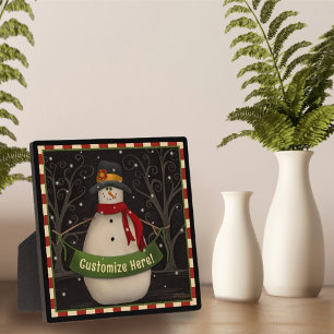 Snowman Cute Folk Custom Christmas Holiday Plaque