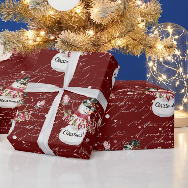 Snowman Cute Watercolor Merry Christmas Script Red Wrapping Paper (Holidays)
