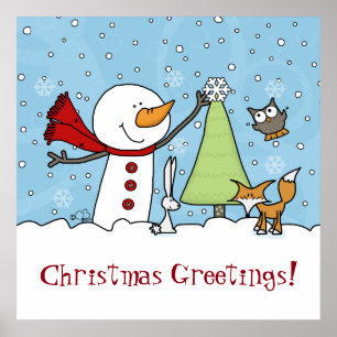 Snowman Decorates Tree with Woodland Creatures Poster