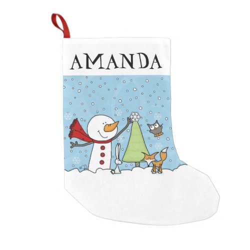 Snowman Decorates Tree with Woodland Creatures Small Christmas Stocking