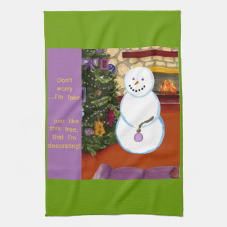 Snowman Decorating Christmas Tree kitchen towel
