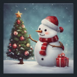 Snowman Decorating Christmas Tree  Poster<br><div class="desc">Happy Holidays snowman.</div>