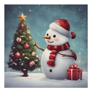 Snowman Decorating Christmas Tree Poster