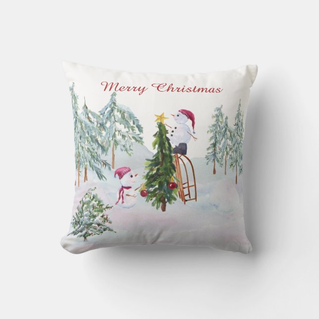Snowman Decorating Christmas Tree Winter Scene Throw Pillow (Front)