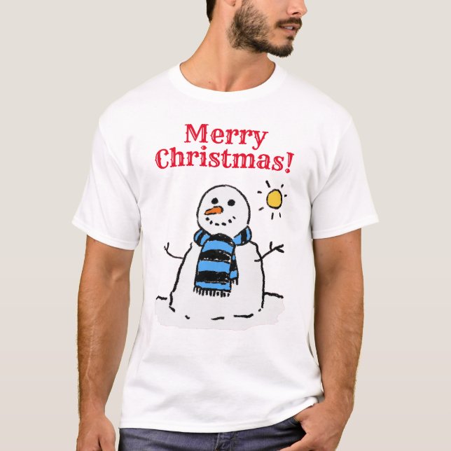 Snowman Design with Greeting. Christmas T-Shirt (Front)