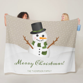 Snowman Drawing And Custom Family Name Christmas Fleece Blanket