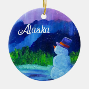 Snowman Dreams Ceramic Ornament with ALASKA