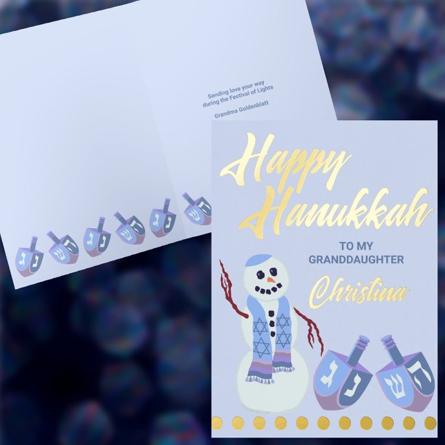 Snowman Dreidels Blue Childs Name Hanukkah Gold Foil Greeting Card (Personalize this gold foil accent Hanukkah card for your granddaughter, grandson, niece, nephew etc)