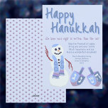 Snowman Dreidels Blue Cute Celebrate Hanukkah Holiday Card<br><div class="desc">These personalized Happy Hanukkah cards are ready for you to customize and send to friends and family. The cute Jewish snowman with his matching dreidels in soft blues and purple stand front and center along with HAPPY HANUKKAH at the top in a dark blue whimsical hand written font with bright...</div>