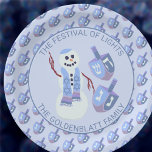 Snowman Dreidels Cute Blue Pattern Hanukkah Party Paper Plates<br><div class="desc">Personalized Hanukkah paper plates for your parties and family gatherings add a custom touch and make clean up afterwards a breeze. Easy to personalize, two sets of dark blue text curving above and below the main design can be edited to add your name and a Chanukah message or you can...</div>