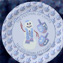 Snowman Dreidels Cute Blue Pattern Hanukkah Party Paper Plates