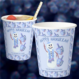 Snowman Dreidels Cute Blue Pattern Party Hanukkah Paper Cups