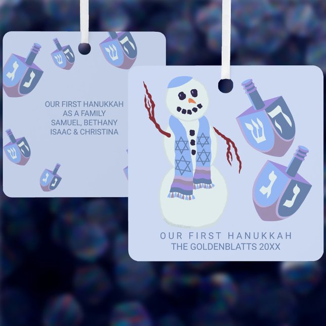 Snowman Dreidels Cute Double Sided Hanukkah Metal Ornament (Add your custom text to both sides of these cute Hanukkah ornaments with a snowman and dreidels)