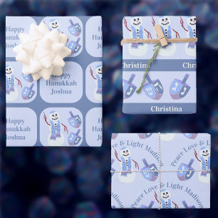 Snowman Dreidels Cute Happy Hanukkah Kids Name Wrapping Paper Sheets