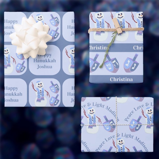 Snowman Dreidels Cute Happy Hanukkah Kids Name Wrapping Paper Sheets (You can add different names to each of the three designs of this cute Hanukkah wrapping paper)