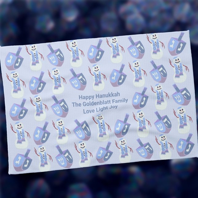 Snowman Dreidels Hanukkah Custom Challah Cover Kitchen Towel (This fun Jewish snowmen with dreidels kitchen towel can do double duty as a holiday Challah cover)