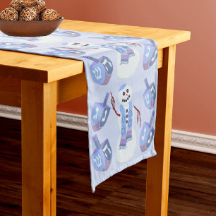Snowman Dreidels Optional Monogram Blue Hanukkah Long Table Runner