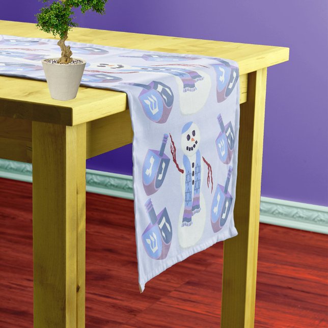 Snowman Dreidels Optional Your Name Blue Hanukkah Short Table Runner (Add your name to the center of this cute snowman and dreidels Chanukah table runner)