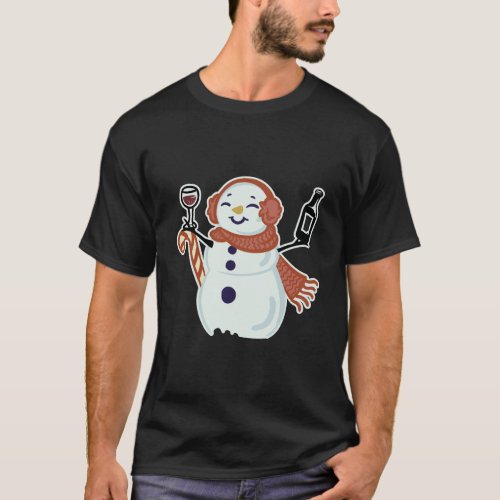 Snowman Drinking Wine Christmas Party Gift For Win T_Shirt