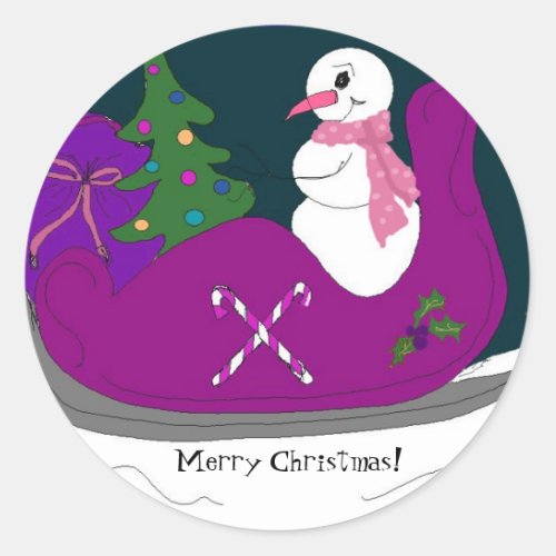 Snowman Driving a Sleigh Classic Round Sticker