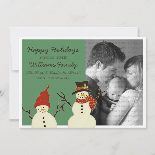 Snowman Duo Holiday Flat Card, Green (Front)