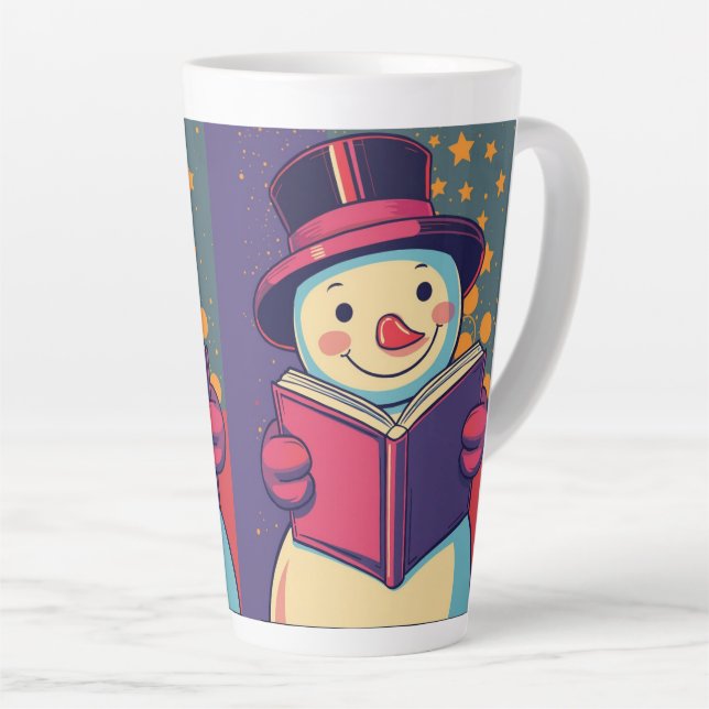 Snowman enjoys reading a book, beautiful tales  latte mug (Right Angle)