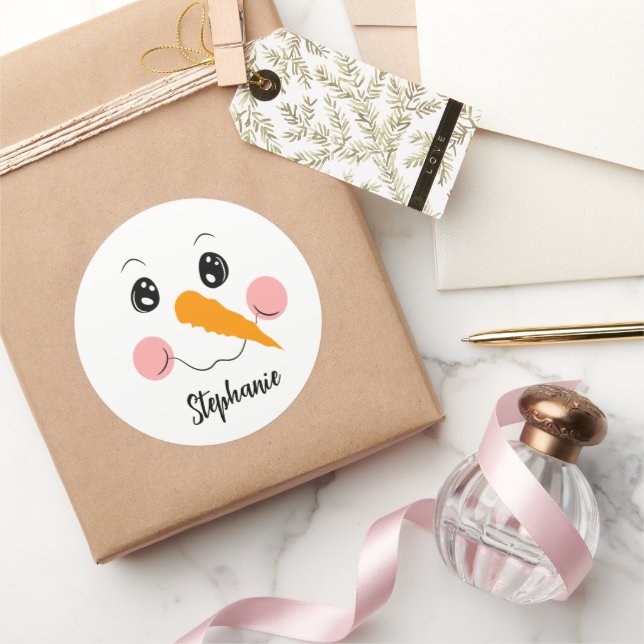 Snowman Face Cute Festive Personalized name Classic Round Sticker (Gifting)