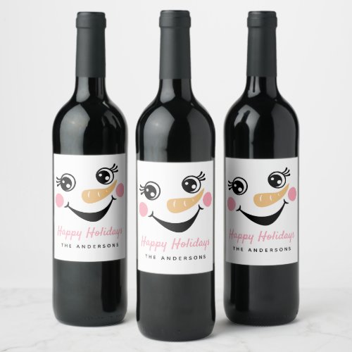 Snowman Face Happy Holidays  Wine Label