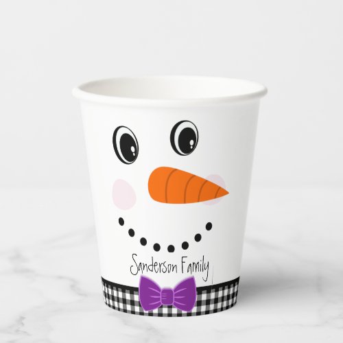 Snowman Face Purple Bowtie Black Buffalo Plaid Paper Cups
