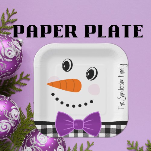 Snowman Face Purple Bowtie Black Buffalo Plaid Paper Plates