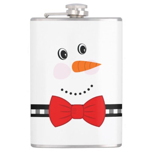 Snowman Face Red Bowtie Black Buffalo Plaid Flask